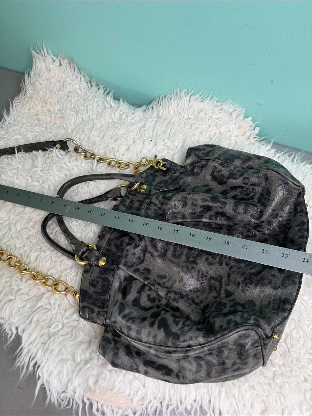 Brahmin Adore Charcoal Leopard-Print Leather Satchel with Gold Hardware